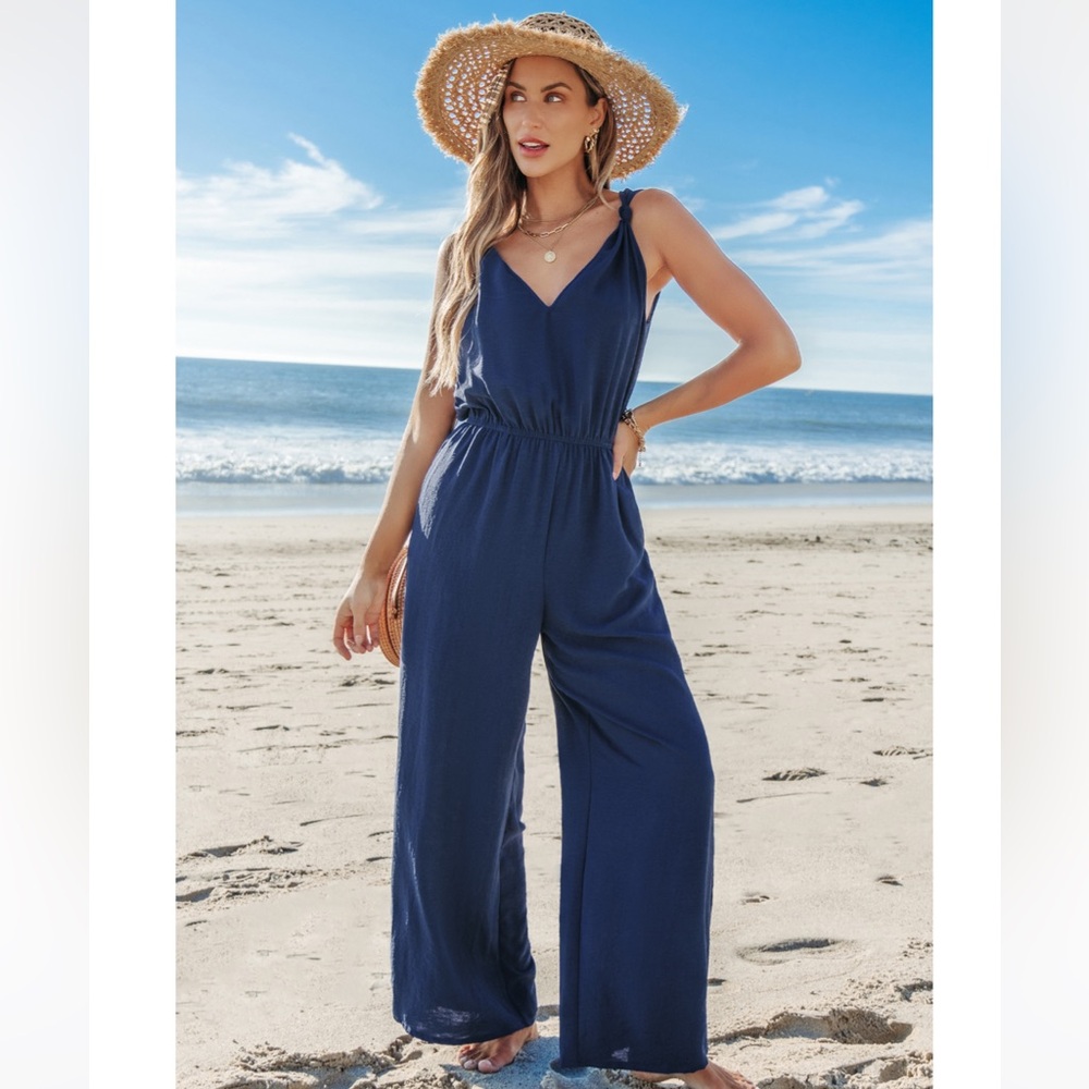 Navy Diamond Neck Knotted Strap Wide Leg Jumpsuit